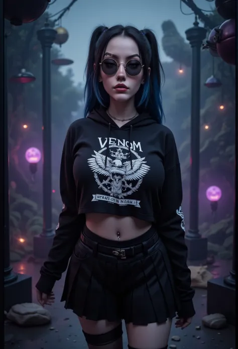 A highly detailed, photograph of a death metal goth model standing confidently in an artistic, surreal environment. The model is wearing a black cropped hoodie featuring intense, detailed death metal artwork, Venom Cover, Satanic, Pentagram, in white,under...