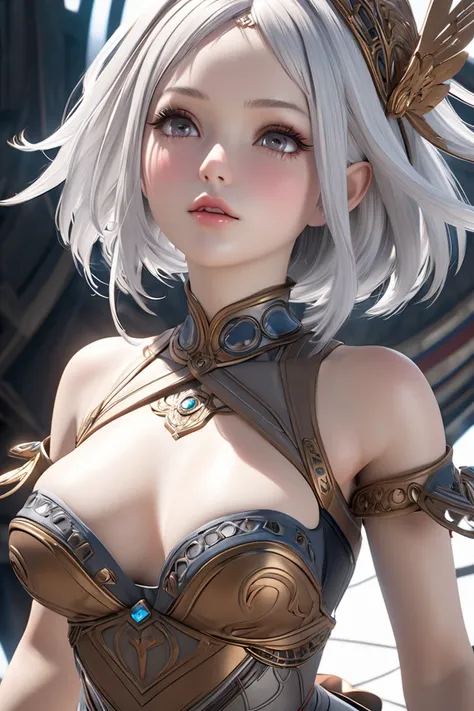 Young girl ,Indu princess dress,con Details of madera y ruvi,  futuristic style final fantasy xii4k ,delicate skin,stunning breasts , detailed lighting ,detailed face,dazzling skin,exposed shoulder,3D,anime art, Realistic photo,Hot expression, long eyelash...