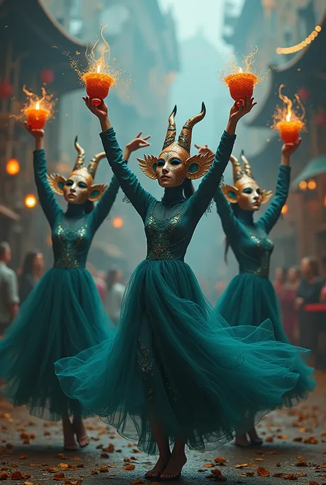 The three dancing Witches woman in random carnival masks and three cups