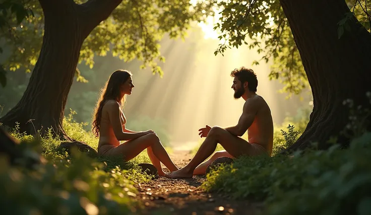  Adam and Eve living peacefully in Eden ,  naked and shameless ,  in harmony with nature . They are surrounded by trees, quiet animals ,  and a soft light that symbolizes innocence. Cinematic style image 