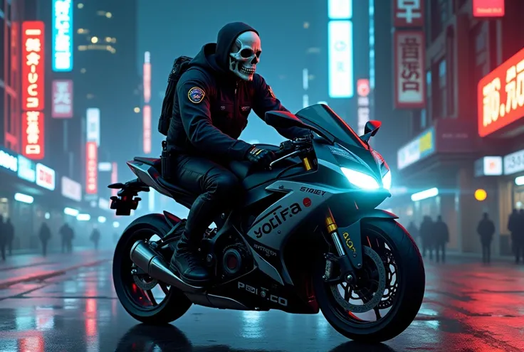 A road cop in an urban environment at night wearing a skull mask rides a sports bike with police symbols 