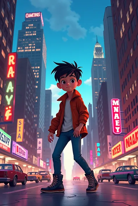 Make an animation of a boy named Vyctor Luan who wakes up in New York in the 70s and has to win dance battles to return to 2024