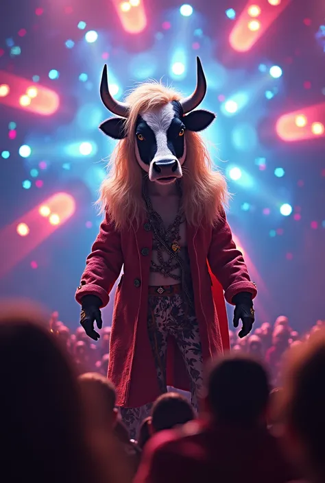 
cena:  Vacona on a stage ,  surrounded by colorful lights as she prepares for her performance.  The audience is excited ,  vibrating at her arrival .

Appearance:  Cow head with white and black fur ,  voluminous blonde hair ,  expressive eyes and bright i...