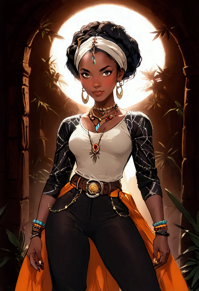 create a high-fantasy character portrait of aisha diallo, a clever member of the relic hunters, wielding the necklace of anansi....