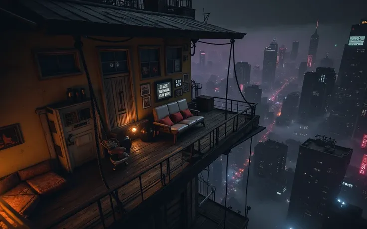 very old Cyberpunk pended balcony, very high, the balcony is pended highly on a cyberpunk building terrace, the balcony have old long roof,  A worn sofa with cushions creates a cozy feel amid the gloom. Inside, a control panel with dim screens and old post...