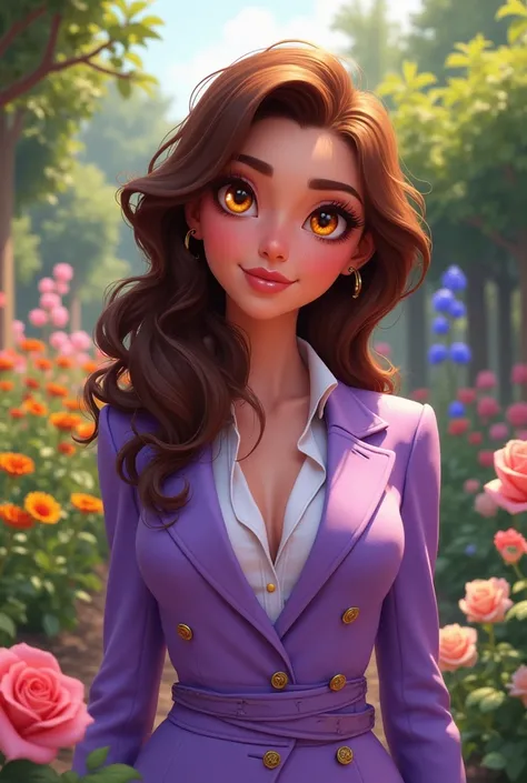 guadalupe,  the designer of the floral landscapes, Lilac clothing ,  bright brown hair ,  glowing eyes , in the background a garden (quality) (cartoon style)