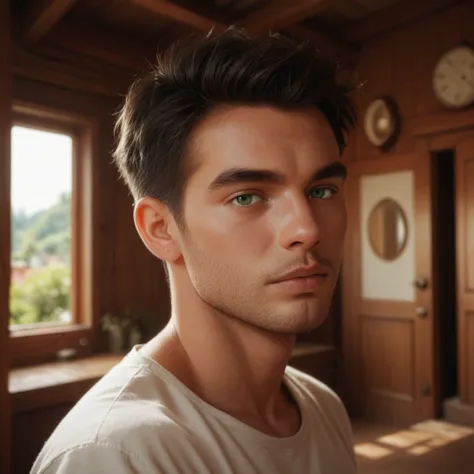  high resolution , A normal man without his shirt showing his thinness and his malnutrition he has black hair and green eyes and in the background he has a beautiful apartment house