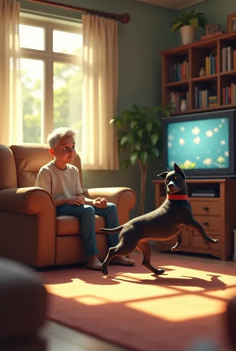 A skinny black dog running around a room with a white boy and a grandfather watching television in an armchair 