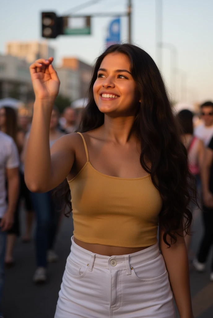 Pale skin , skin imperfections, blonde, big breast,1girl, selfie photo hyper realistic curly long black hair mirror photos 8k ultra hd, cheering at the city of USA, walking in crowd, dress crop top, white pants, sunset lighting