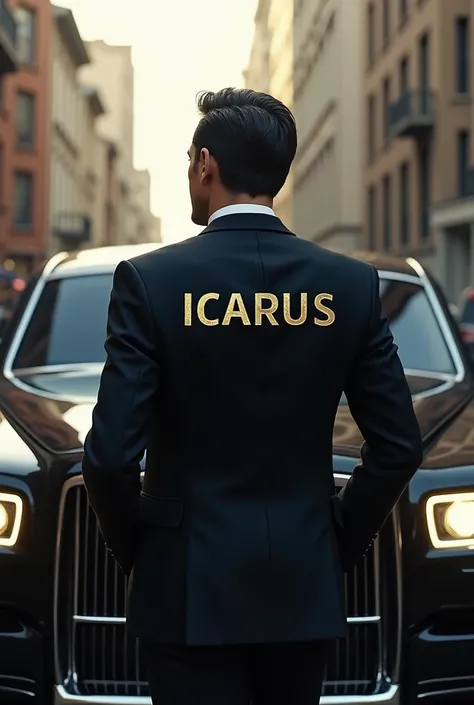 Create me an image of a man with wealth going out of the car with the name on his back Icarus and a Title on the front the title is Behind the Curtain 