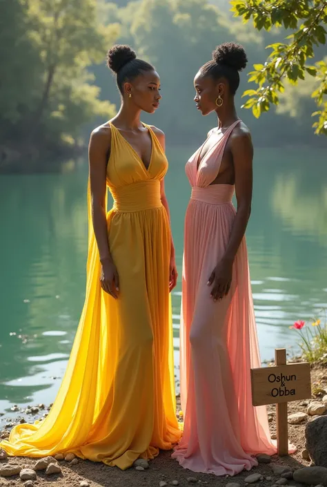  Create an image of a majestic white woman representing Saint Oshun , dressed in yellow and next to her an elegant white woman ,  depicting Saint Obba in pink in a river and a sign that says Oshun and Obba the two light-skinned women