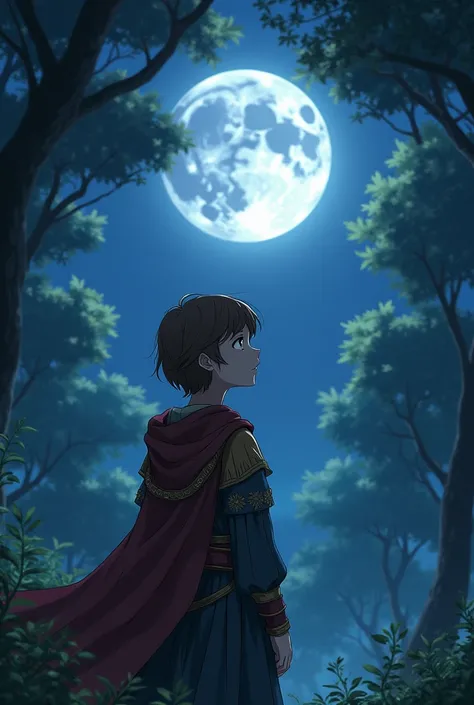 A 15-year-old teenager who is looking at the moon and the teenager is facing the moon with his back contemplating the moon and that there is a forest around and that the teenager wears medieval clothes and has brown hair and that looks like an anime