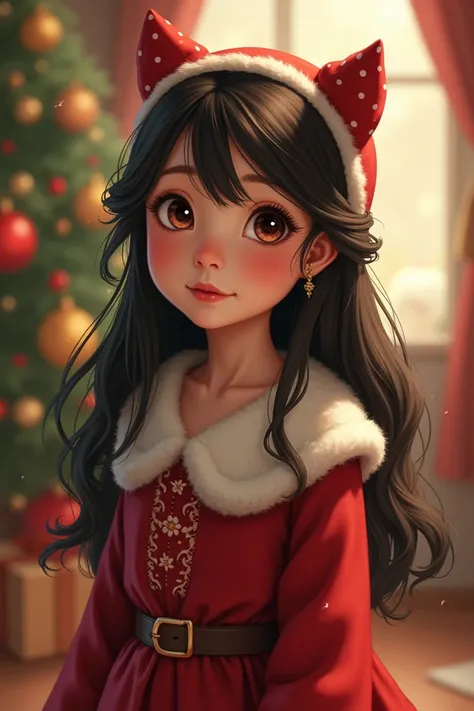  Create the Christmas image of a girl dressed for Christmas,  with hair up to the middle of her back , dark black color,  big eyes, and that it bears the name of  "Ruth"