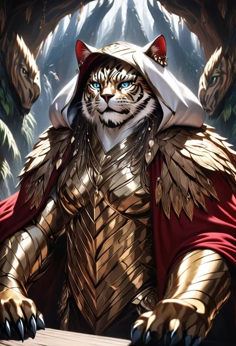 a cat warrior chieftain, highly detailed and intricate digital painting, dramatic lighting, cinematic composition, heroic pose, piercing eyes, sharp claws, fur texture, vibrant colors, cinematic atmosphere, highly detailed, cinematic lighting, dramatic pos...