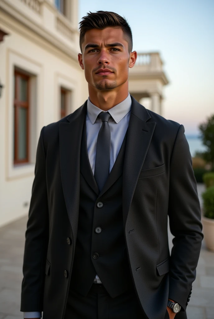 Full body shot of Ronaldo in a suit with coat, small head, extremely detailed skin, on the terrace of elegant mansion, blurred background.