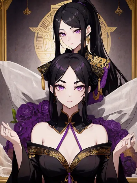  black hair、Super beautiful、Age 30、Female Male 、 ponytail、 Black China Dress with Gold Embroidery、 face up、conspiracy、intellectual、 purple eyes、Thin eyebrows、 sexy、Erotic、R-18、Half naked