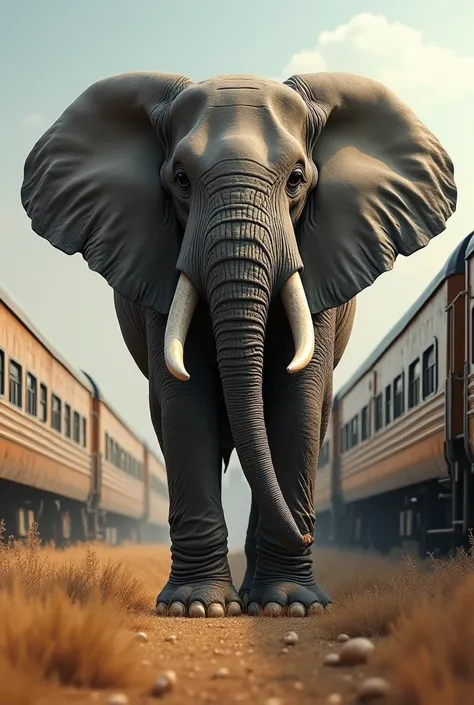 Give image elephant front standing of India train give both image front face lof train ok but lion is standing on side of train ok