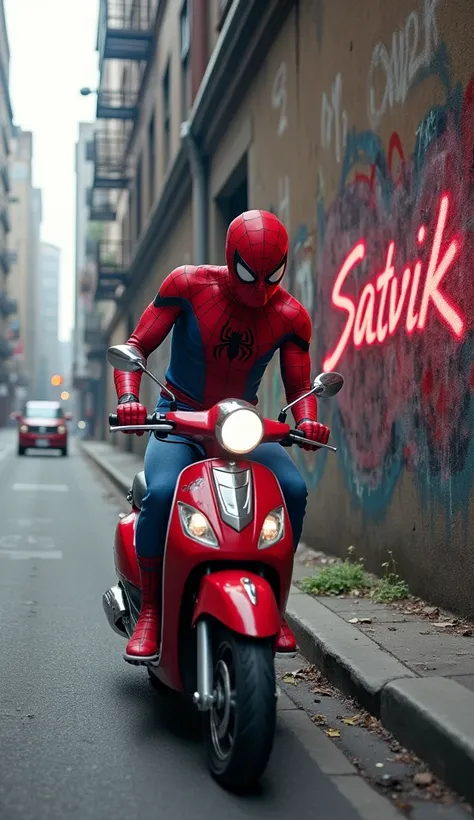 Spiderman in car writing Satvik on wall with web scooter