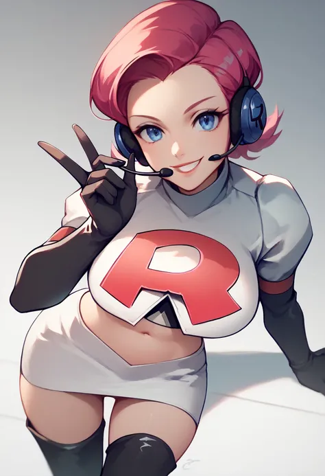 1girl, solo, Team rocket, team rocket uniform, red letter R, white skirt,white crop top,black thigh-high boots, black elbow gloves, headset, large breasts, sexy pose, smile