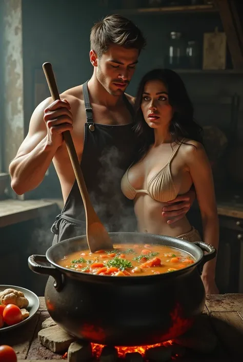 handsome boy cooking a pretty girl with big breasts with a big spoon in a cauldron full of vegetable soup on top of a burning stove (realistic)