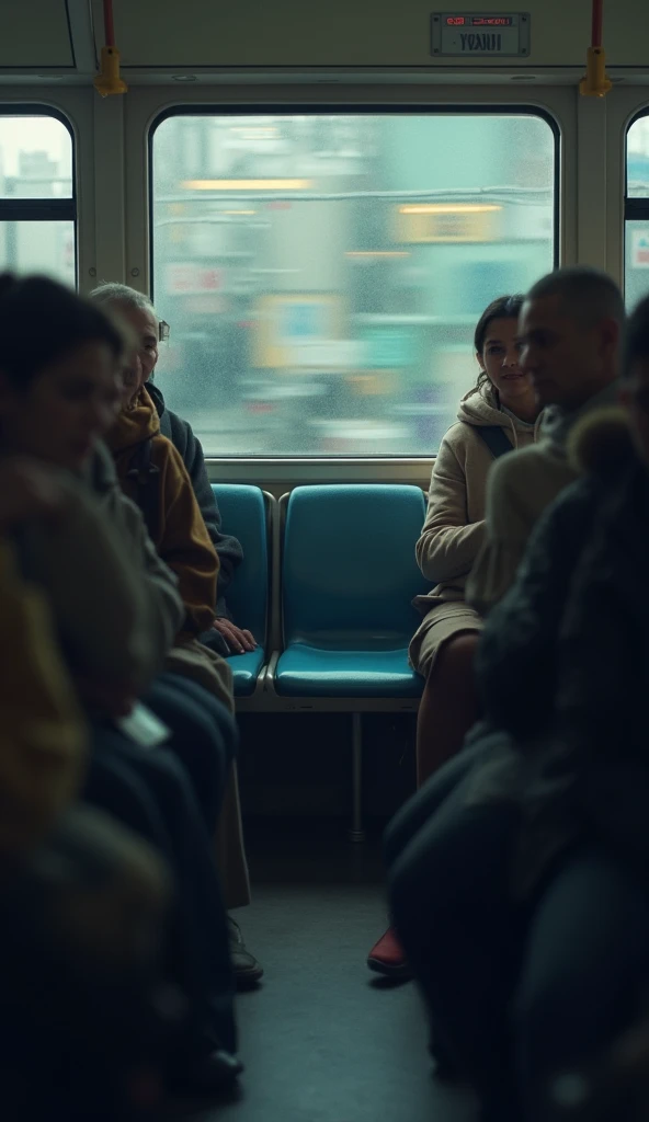 An unoccupied seat on a bus with a lot of blurry people.