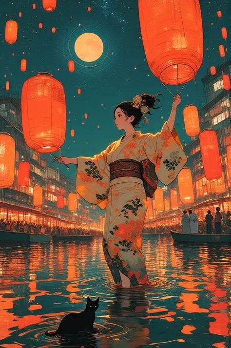   Aomori Nebuta Festival 、 giant lanterns 、 dancing woman in yukata 、 surreal collage, a contemporary artistic collage, collage artwork,     new album cover    ,    Great job! , digital collage, ( collage ), collage art, contemporary collage, mixed media c...