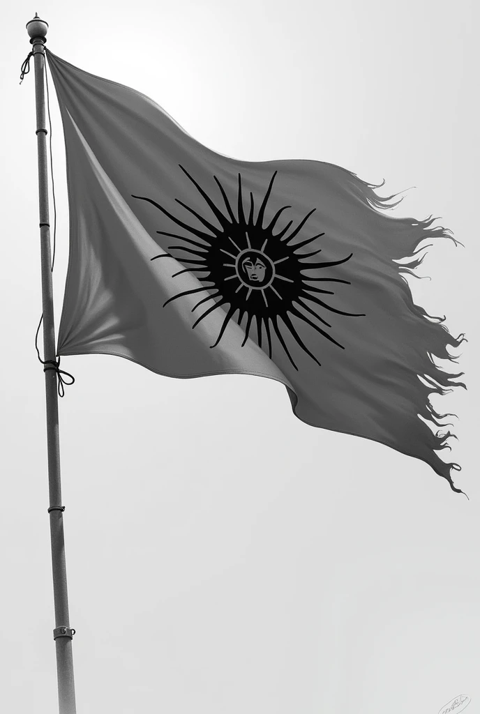  create an image of the flag of the Kingdom of Corona , From the movie Curled , keeping its original exact design ,  leaving it raised and wobbling against the background of the image,  applying a black and white effect  (leaving no color in the entire ima...