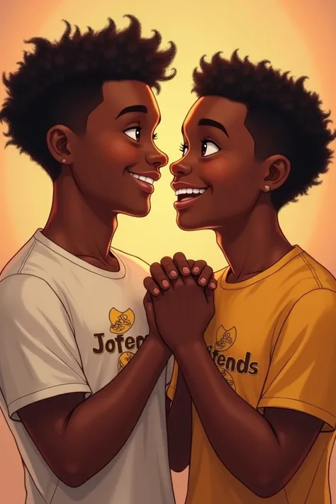 Two beautiful person, both are black with the beautiful smile on their faces, holding their hands together, the boy name Filbert and the girls name Keron the printing on their shirt.