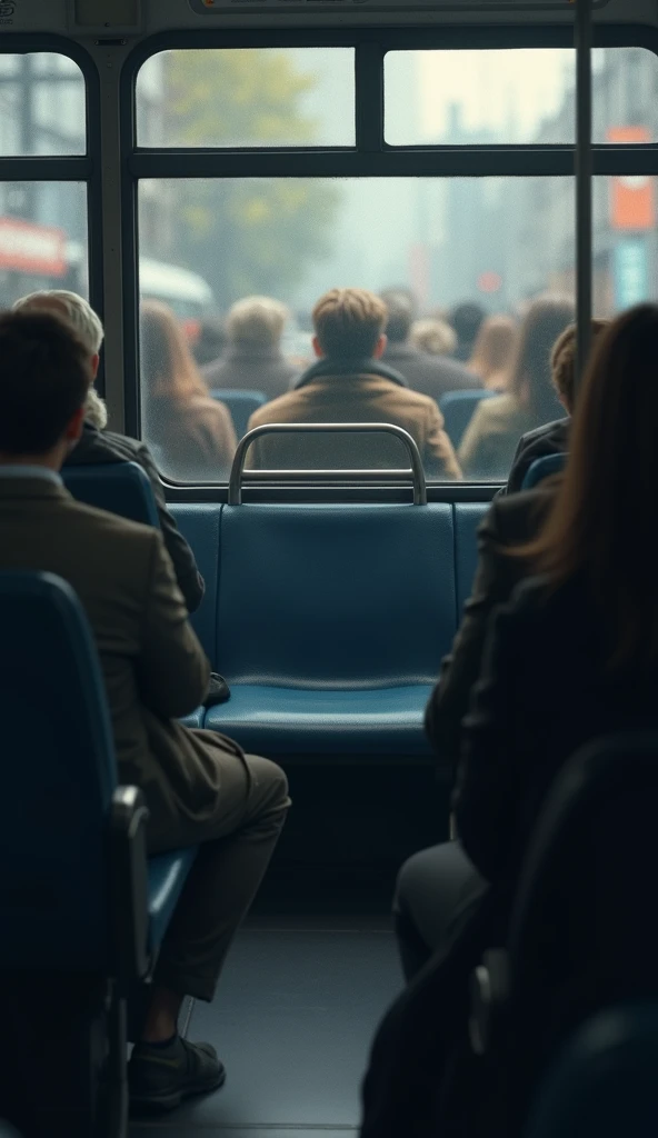 An unoccupied seat on a bus with a lot of blurry people.