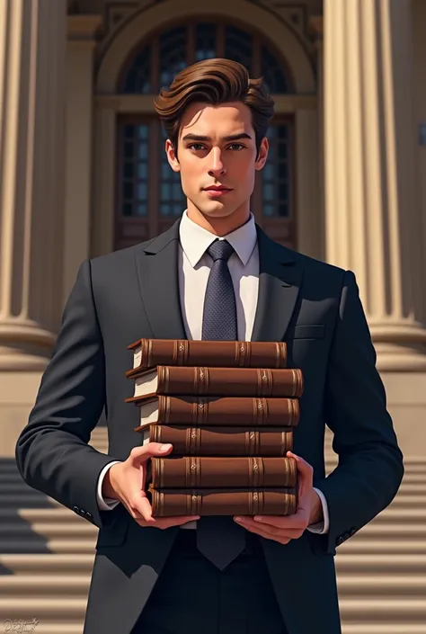 Person in front of a ,  library with law books in their hands