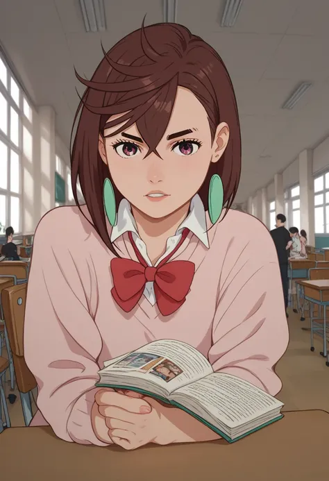 Momo Ayas by Dandadane,  short brown hair , student, dandadan anime style 