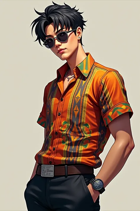 Male character with short black hair Argentinian shirt and dark pants and lenses 