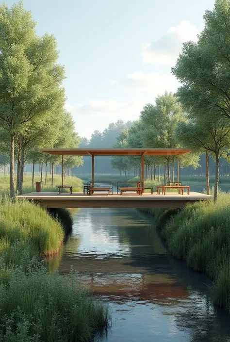 Elevated platform with shaded seating, minimal environmental impact, positioned to highlight key natural features like the confluence and riparian areas.