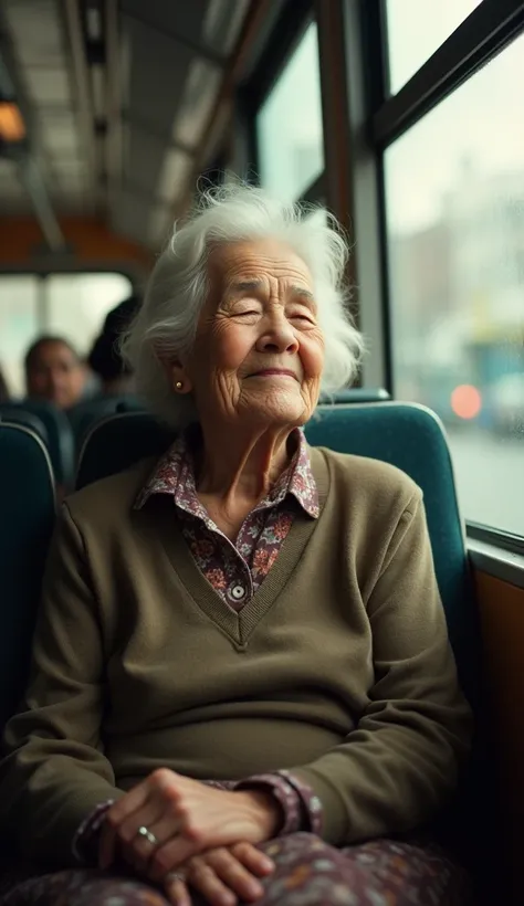 An old woman with a small smile while closing her eyes sitting on a bus seat. 