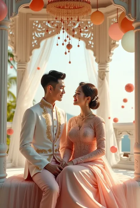 full body, a pair of young lovers beautiful women and handsome men with short hair neat Undercut Thai . wearing traditional wedding attire , The background ,focus on the intricate details of their outfits , sitting in a gazebo full of long white fabric and...