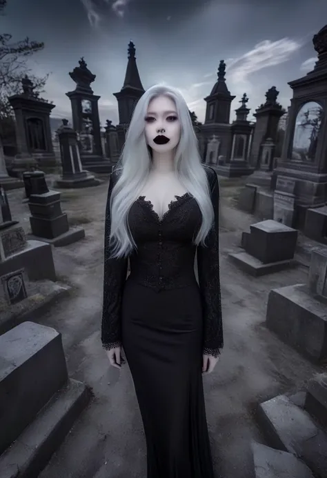 ( ultra high definition , 8k, masterpiece: 1.3) (( long gray hair )) (( pale skin)) ((black lips ))  is surrounded by tombstones, and the background is a dark graveyard..,  depth of field ,  Fisheye lens , Highest detail,  as seen from above, ( huge boobs ...