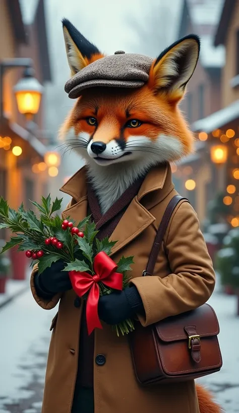 A dapper fox dressed as a holiday postman, wearing a vintage brown coat and a flat cap. The fox holds a satchel filled with Christmas cards and a bouquet of holly berries tied with a red bow. The snowy village background is illuminated by golden light from...