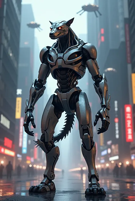 Terminetor dog full body humanoid in a futuristic city 