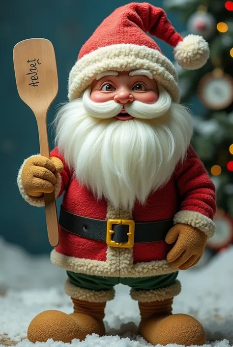 Create a Christmas Santa Claus shaped like a spatula for feet with sandpaper and with the name Madelima visible 