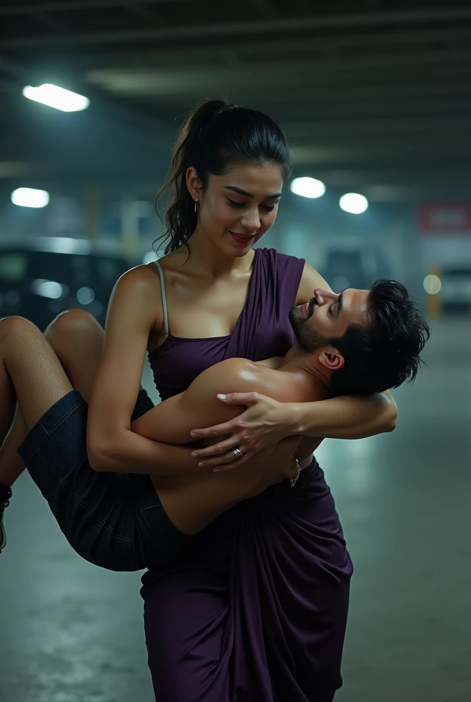 create a real image: tall Beautiful Turkish athletic actress in dark purple satin saree tied hair, carries passed-out overweight man in her both arms in a shade parking lot, natural smile , she has super strength, fit full image , looking into the camera 