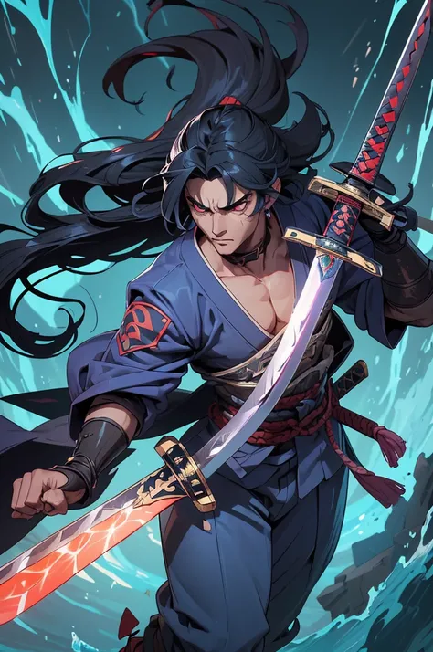 "Depict Susanoo, the fierce god from Japanese mythology, as a mighty warrior holding the legendary sword Ame-no-Murakumo-no-Tsurugi, the sword used to slay the fearsome Yamata-No-Orochi, a dragon with eight heads. His wild, flowing hair whips around him in...