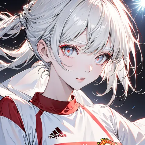 マスターpiece ,  best quality, ((Pure white background)),   bending permanent , Tied up hair、 and let the rest of the hair hang down, slim, Albino Woman , white hair , White eyelashes,Red eyelashes, long lashes,White eyelashes,White Eyes,薄いWhite Eyes,slightly ...