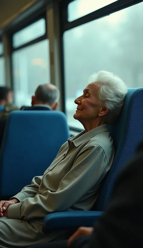 An old woman with a small smile while her eyes are closed sitting on a blue seat in a blurry bus. 