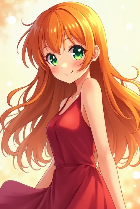 Beautiful anime girl with long wavy orange hair,  green eyes, a red dress,  smiling cheerfully 