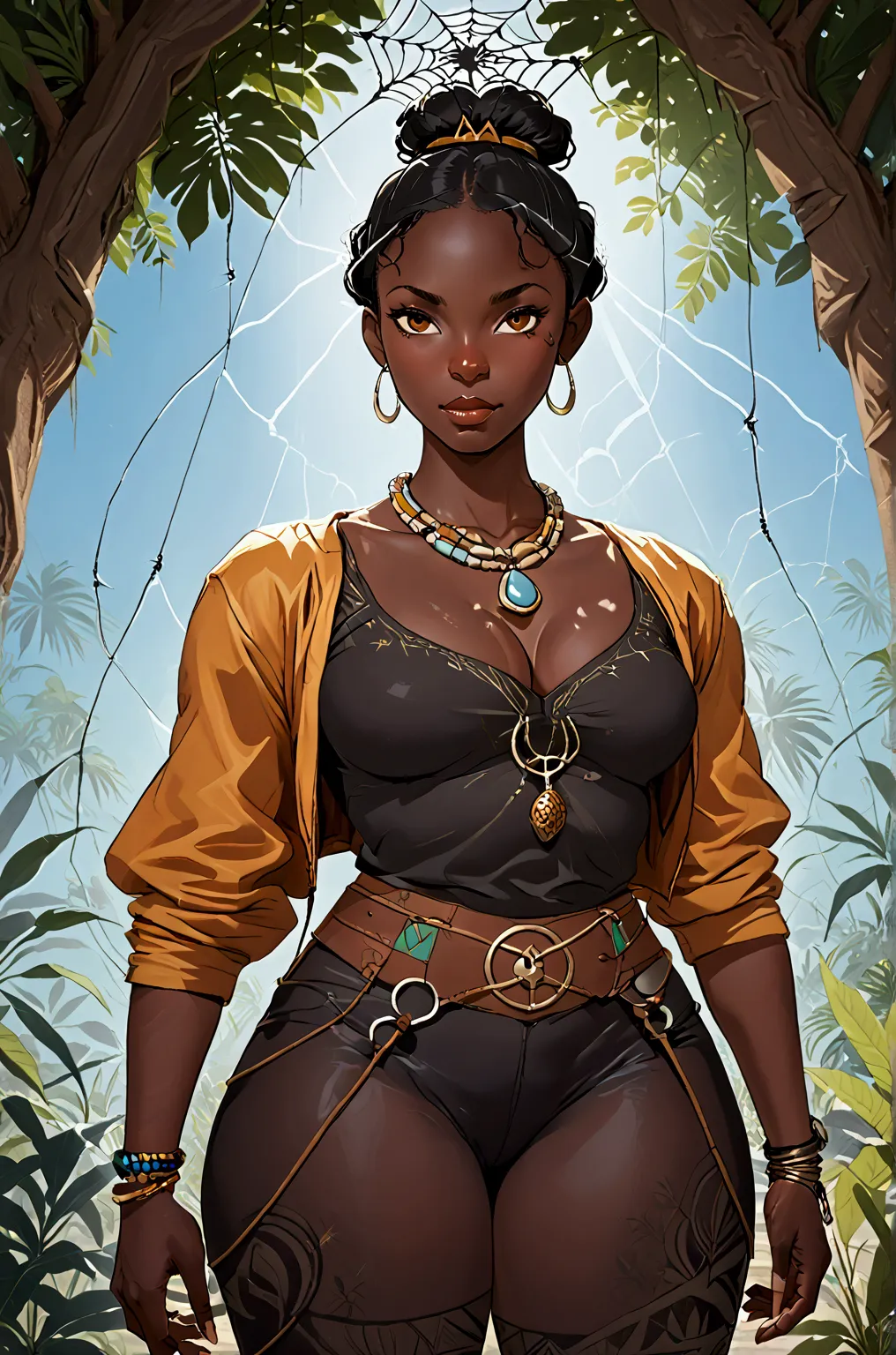 ((dark skinned female, slim-thick body, curvy hips, plump breasts, thick thighs)) create a high-fantasy character portrait of ai...