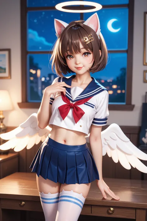 ((( sailor suit ))), out of your belly button, Mini Skirt, Western-style room,Night view outside the window, contemptuous eyes,  puff up your cheeks, Red face,  high definition ,  best quality,  high detail,  HD Model,  Very detailed,  Ultra High Definitio...