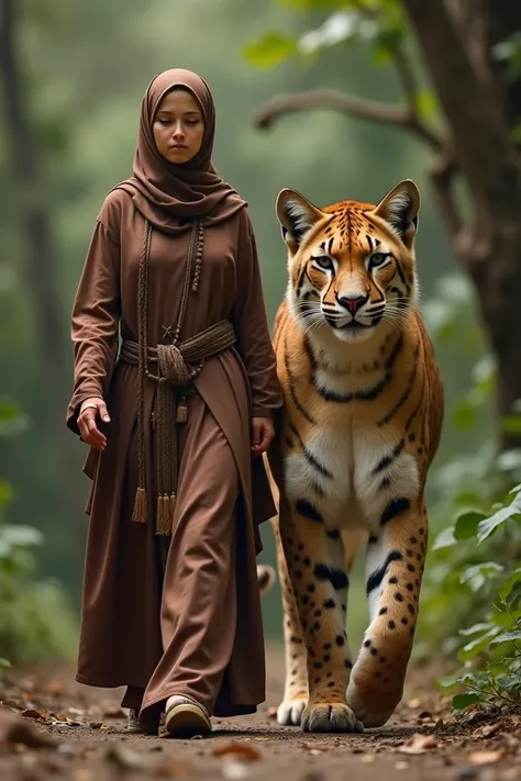 A woman wearing a brown hijab and a brown Muslim dress walks next to a big cat
