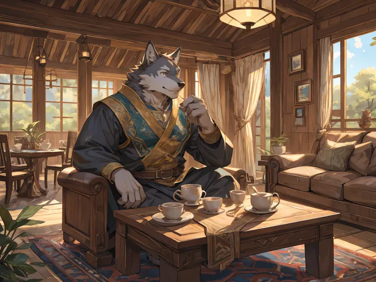 wolf, (gray fur:1.3), Tunic, elegant demeanor, easygoing, drink tea, indoor, living room, wooden house, Countryside Style, sit on chair, cartoon, by null-ghost, by canyne khai,masterpiece, (16K), HD, Various facial details, detailed background, very detail...