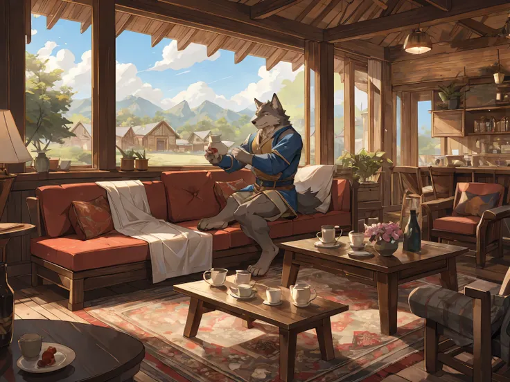 wolf, (gray fur:1.3), Tunic, elegant demeanor, easygoing, drink tea, indoor, living room, wooden house, Countryside Style, sit on chair, cartoon, by null-ghost, by canyne khai,masterpiece, (16K), HD, Various facial details, detailed background, very detail...