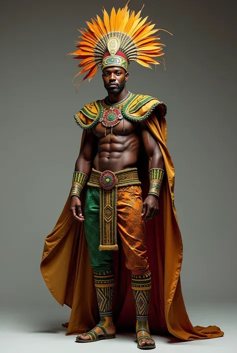 A realistic full-body image of a male samba costume designed for a samba school parade with an African theme. The costume features vibrant colors inspired by African culture, incorporating gold, green, red, and black. The headpiece is elaborate and majesti...